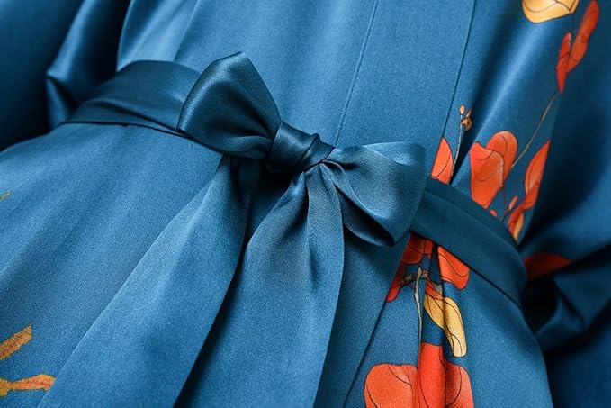 Women's Silk Kimono Robe Long Bathrobe Nightgown 100% Mulberry Silk for Women - Classic Floral Pattern
