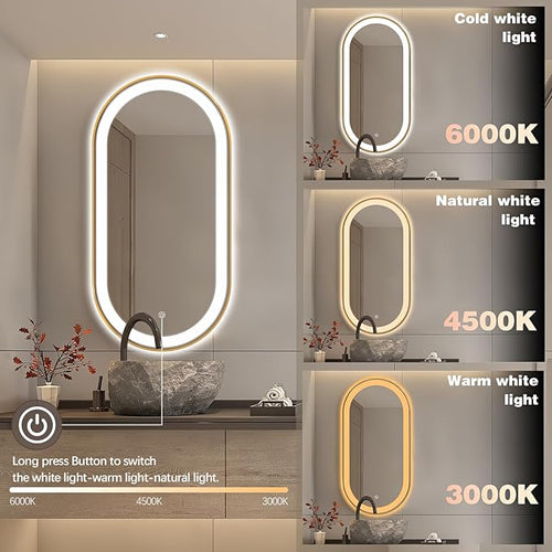 48" x 24" Oval LED Bathroom Mirror with Lights, Gold Metal Framed Anti-Fog LED Vanity Mirror, Lighted Bathroom Mirrors Wall Mounted, Stepless Dimmable, Shatter-Proof, Horizontal/Vertical