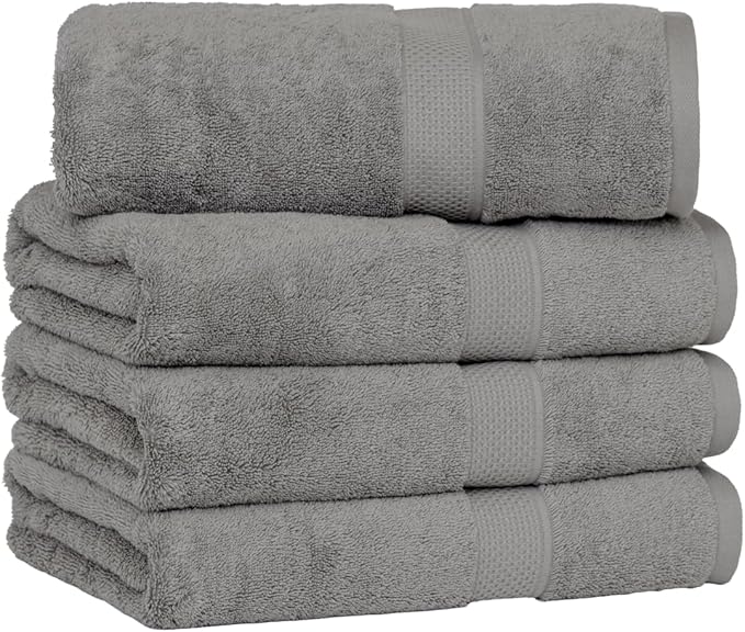 [Japan Technology], Plush Light-Weight Towel, Bath Towel (30x54 inches), 520GSM, Dark Gray, Pack of 4, Quick Dry, High Absorbency, 100% Cotton
