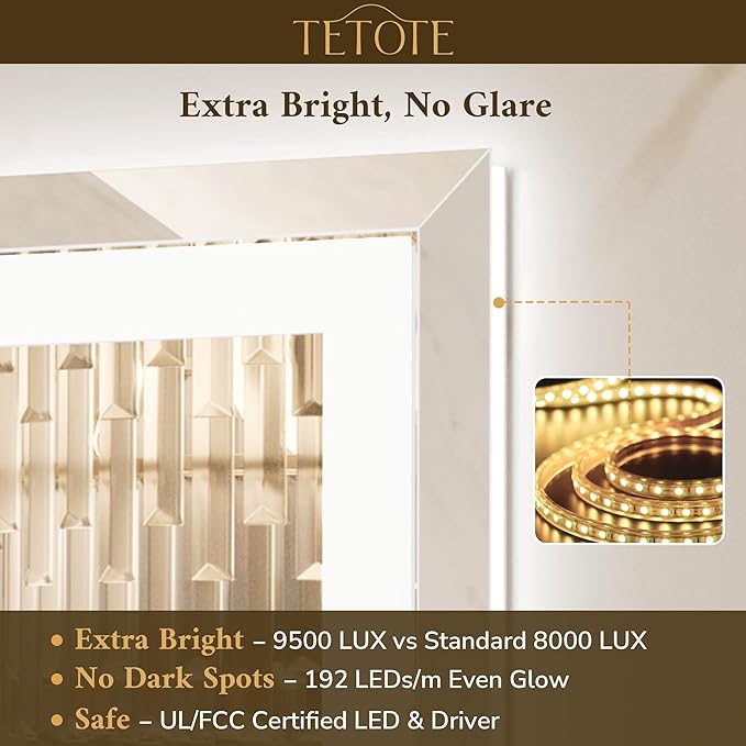 TETOTE 48 x 24 Inch Led Lighted Bathroom Mirror with Lights, Beveled Front and Backlit Extra-Bright Light up Mirror for Bathroom Wall, 3-Color Dimmable, Defogging, Tempered Glass, Waterproof