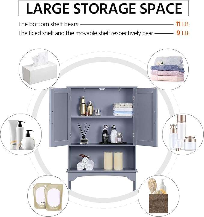 Yaheetech Over The Toilet Bathroom Cabinet with 2 Doors & Adjustable Shelf, Free Standing Toilet Rack Space-Saving, L24.5xW9xH66 Inches, Grey