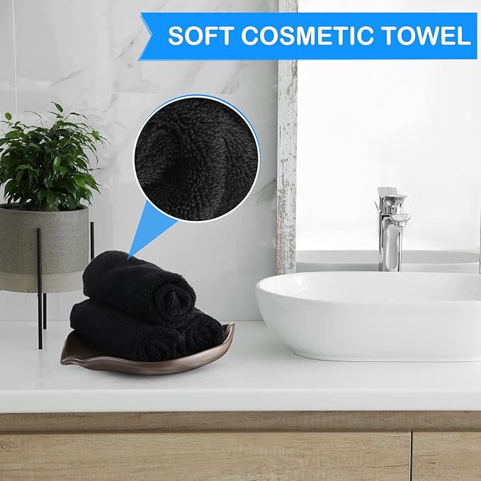 Panelee 13 Inch Makeup Washcloths Black Makeup Towels Cotton Face Wash Cloths Bulk Facial Remover Cleansing Towels Soft Cosmetic Water Absorbent for Women Hand Skin Care(12 Pcs)