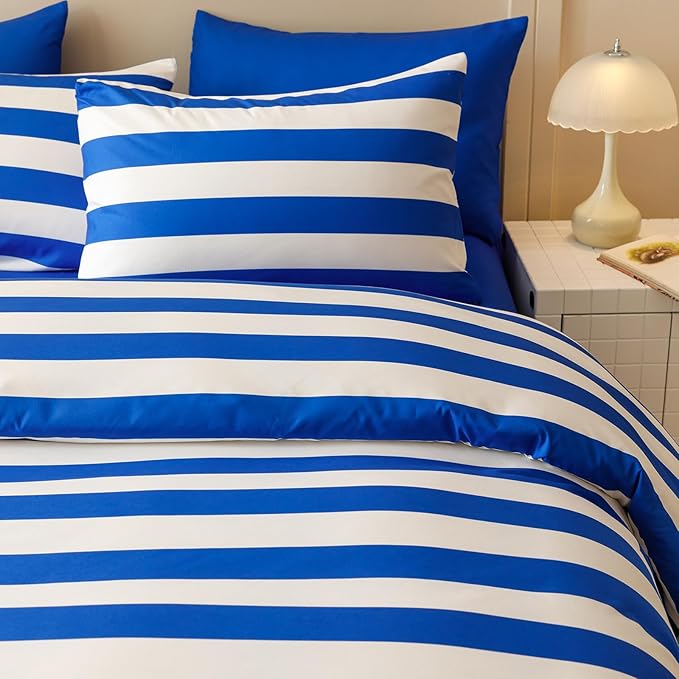 KAREVER Royal Blue White Stripes Comforter Set Twin Size Royal Blue White Stripes Bedding Set 3 PCs Comforter Set Twin Size Fluffy Linen Comforter Sets