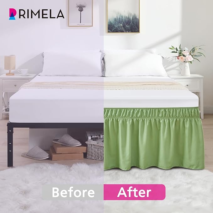 RIMELA Light Green Bed Skirt King Size 15 Inch Drop, Elastic Bed Skirting for Bed Base and Frame, Bedding Dust Ruffle Easy to Install, Lightweight Wrap Around Adjustable Bedskirt
