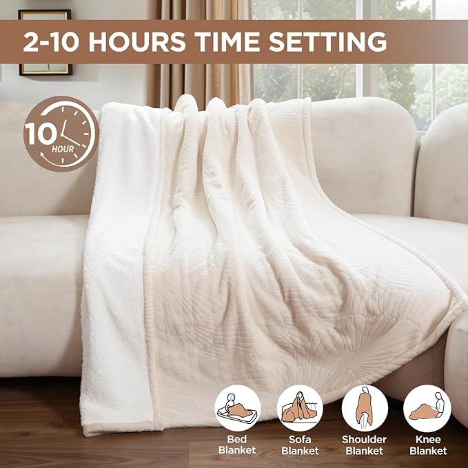 Westinghouse Heated Throw Blanket, Flower Jacquard Electric Blanket Throw with 6 Heating Levels and 2-10 Hours Auto-Off, Flannel to Sherpa Super Cozy Heated Blanket, Machine Washable (50" x 60" Beige)