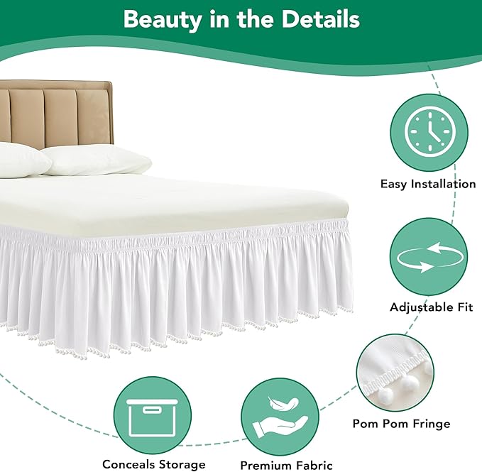 Biscaynebay Queen Bed Skirt 15 inch Drop-White Dust Ruffle Bedskirt with Pompoms-Wrap Around Bed Skirting Easy Fit Elastic Strap-Silky Luxurious Fabric Wrinkle Free-for Women Men Kids