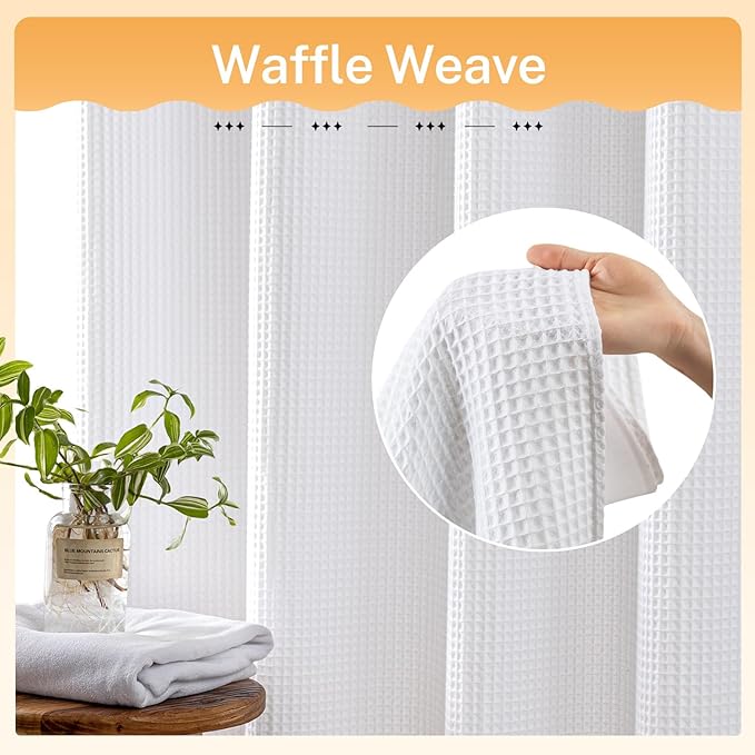 River Dream White Fabric Shower Curtain Set, Cotton Blend, Waffle Weave, with Snap in Replacement Liner，54 x 80 inches