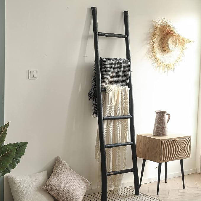 FUIN Fully Assembled 6ft Wood Blanket Ladder Living Room Decorative Wall Leaning Farmhouse Quilt Display Holder Rustic Wooden Towel Rack for Bathroom, Black