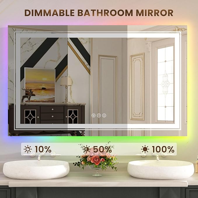 WTTY LED Bathroom Mirror 40"x30" with RGB Backlit and Front Light,Stepless Dimmable LED Mirror for Bathroom,Lighted Bathroom Vanity Mirror,Anti-Fog,Memory Function,Shatter-Proof,Wall Mounted