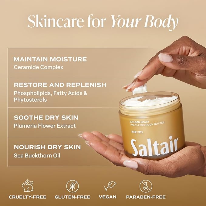 Saltair Multi-Lipid Body Butter - Rich, Nourishing Golden Hour Hydrating Body Cream with Ceramide Complex, Coconut Oil, Shea Butter, and Sea Buckthorn. Deep Moisturizing Dry Skin Care. 10oz Jar