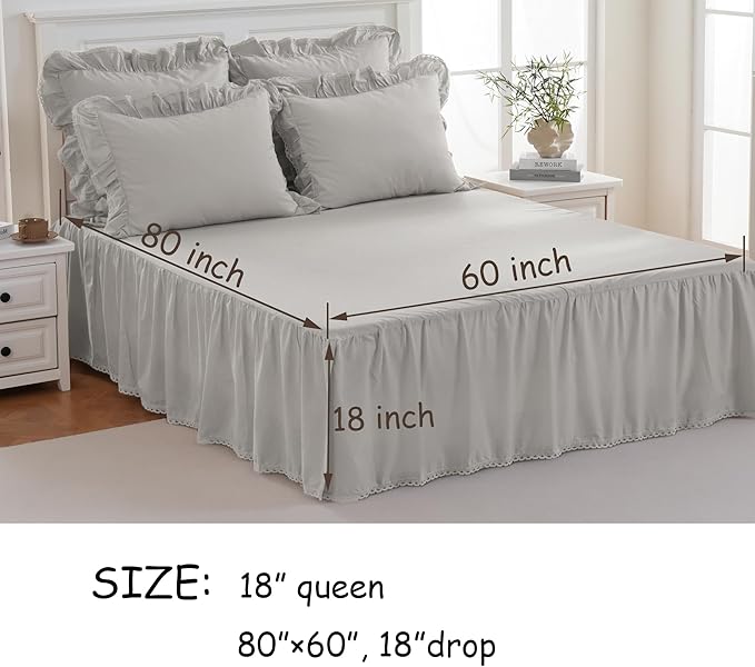 Queen Size 18 inch Drop Light Grey Dust Ruffle, Crochet Edge Lace, Lightweight 100% Cotton, French Coutry Style Ruffled Bed Skirt with Split Corners