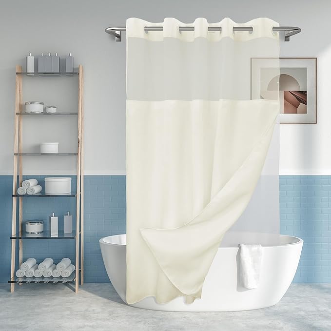 Long No Hook Slub Textured Shower Curtain with Snap-in PEVA Liner Set - 71" x 80"(78"), Hotel Style with See Through Top Window, Cream Fabric Curtain & Waterproof Liner, Sand,W71xH78