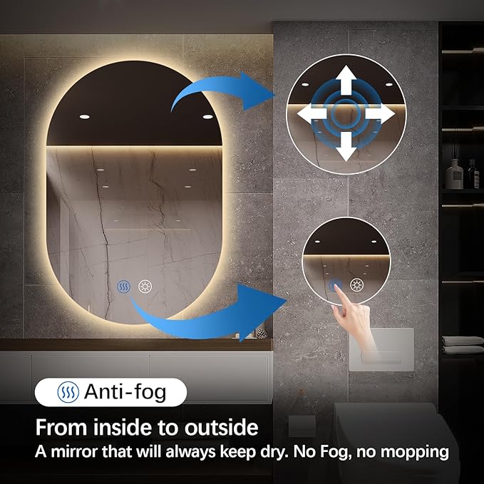Niccy Oval LED Bathroom Vanity Mirror, 40x24inch Frameless Backlit Mirror with Light, Smart Anti-Fog Mirror with Memory Function Dimmable Lighted Mirror