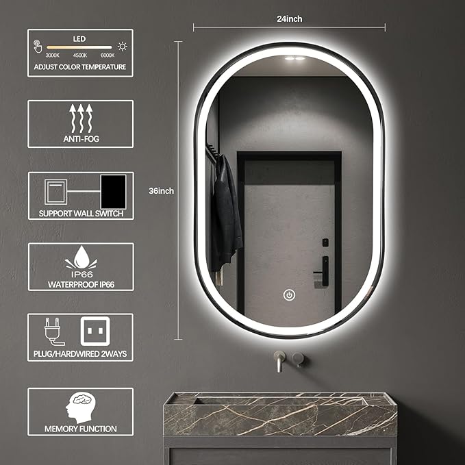 36"x24" Oval LED Bathroom Mirror with Lights, Black Anti Fog Lighted Vanity Mirror Wall Mounted, Stepless Dimmable LED Oval Mirror, Memory, ShatterProof, Front/Backlit, Horizontal/Vertical