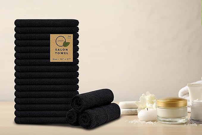 Softolle Salon Towels – Pack of 24 (16"x27") 100% Cotton Ring Spun (Not Bleach Proof) Ultra Soft, Highly Absorbent Hand Towels – Bulk for Spa, Gym & Salon (Black)