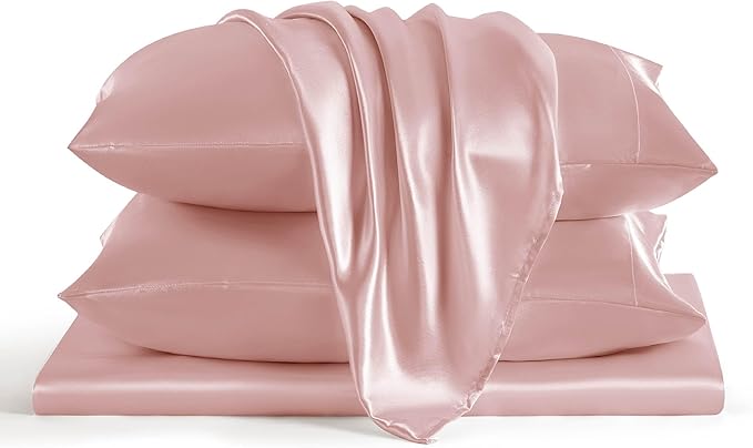 Bedsure Satin Sheets King Size - 4 Piece Silky Bedsheets with 15 Inches Deep Pocket Fitted Bedsheet,1 Flat Sheet, 2 Satin Pillowcases, Good for Hair & Skin (King, Blush Pink)