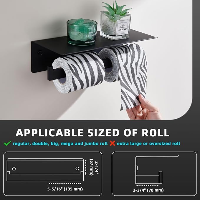 Angle Simple Matte Black Toilet Paper Holder with Shelf, 304 Stainless Steel Double Toilet Tissue Roll Holder for Wall