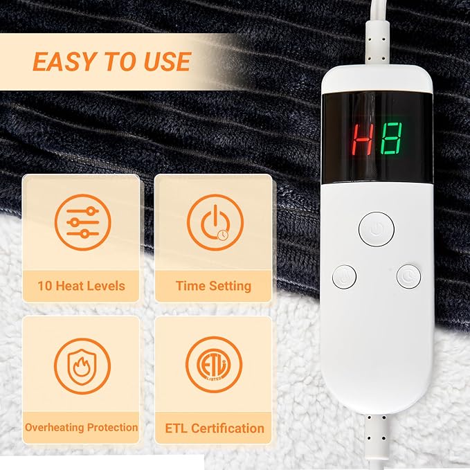 Heated Blanket Electric Throw, Soft Flannel Heating Blanket with 8 Hours Auto Off 10 Fast Heating Levels Machine Washable Sherpa Heated Blanket with Overheating Protection