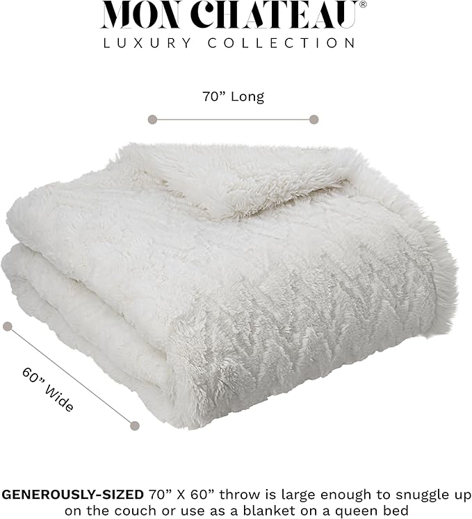 Mon Chateau 60" x 70" Crest Faux Fur Throw, Plush Luxury Blanket for Couch, Sofa, or Bed, Soft Reversible Throw Blanket for Sleeping, Home & Room Decor, Ivory Jacquard