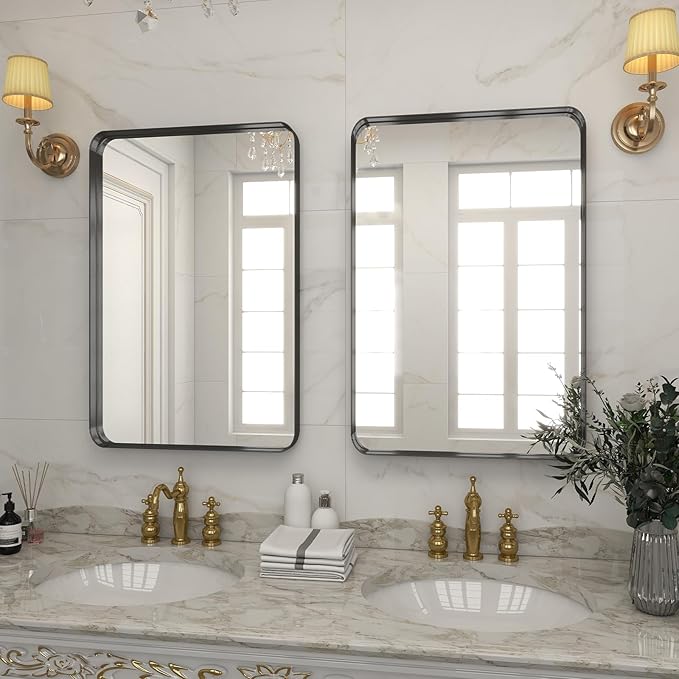 VooBang Bathroom Mirror 20x30 inch, Black Gorgeous Deep Frame Wall Mirror, Modern Round Corner Bathroom Vanity Mirror for Over Sink Hanging or Leaning Horizontal or Vertical, Black