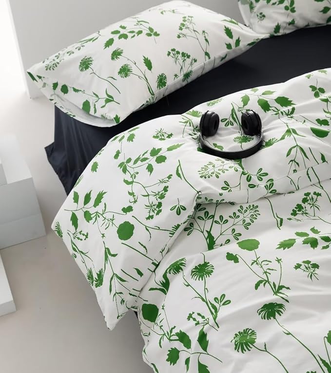 KAREVER Botanical Comforter Set Twin White and Sage Floral Plant Bedding Comforter Set Girls Blanket Rustic Leaf Blossom Women White Farmhouse Comforter Twin