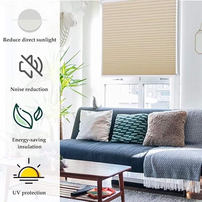 MYshade 1.5-Inch Cellular Cordless Light Filtering Shades,Thermal Insulating Noise Reducing Waterproof Blinds,Honeycomb Window Treatments for Indoor Light Control (Beige-24 W x 50" H)