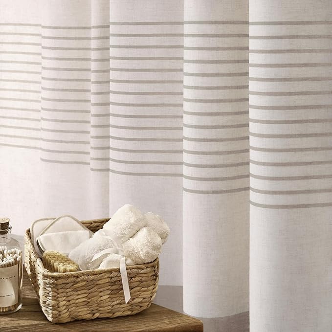 Awellife Farmhouse Taupe Shower Curtain for Bathroom Linen Texture Stripe Tassel Shower Curtain 72 X 72 Inches Neutral
