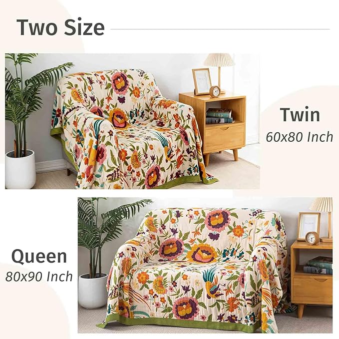 Qidordour Boho Throw Blanket, 60"x80" Muslin Blankets, 100% Organic Cotton Blanket for Couch Sofa, Lightweight Quilt, All Season Bed Throw, Farmhouse Home Decor, C-Phoenix Floral