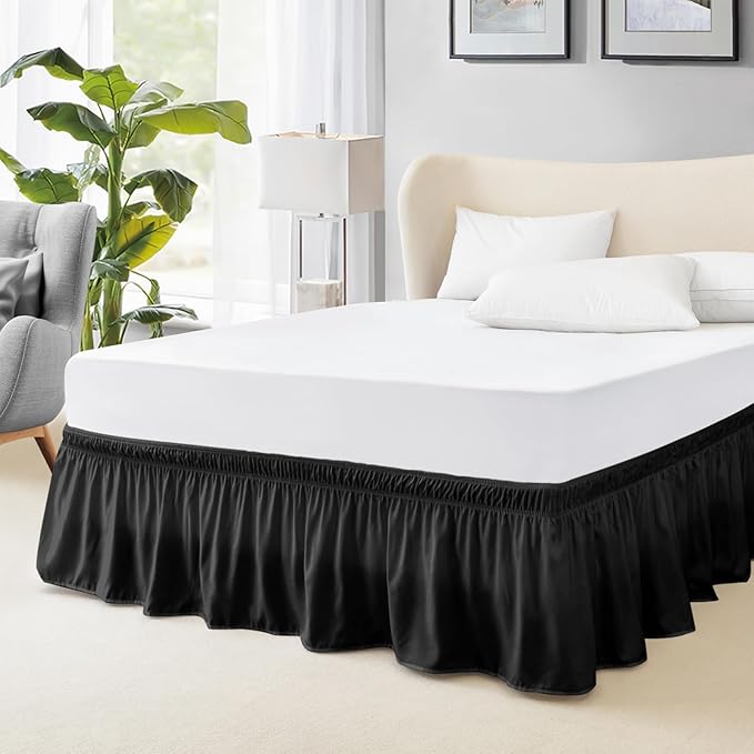 FreshCulture Queen Bed Skirt, Elastic Wrap Around Bed Skirt Queen Size, Bed Skirts for Adjustable Bed, Easy Fit with 22 Inch Drop Length, Hotel Quality Dust Ruffle for Queen Bed (Black)