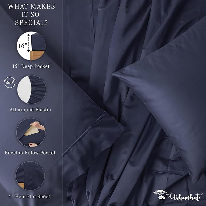 URBANHUT 1000 Thread Count Full Sheet Set Egyptian Cotton Sheets, Long Staple Soft & Breathable, 4 Pc Bed Sheet Sets, Luxury Hotel Sateen Sheets Fits 16" Deep Pocket - Navy Blue
