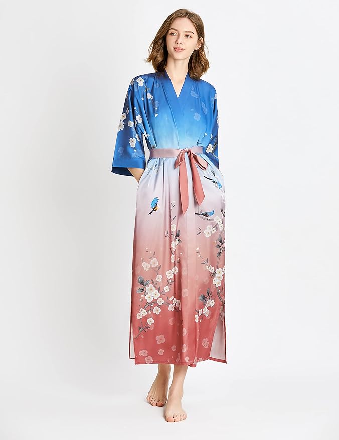 PRODESIGN Kimono Robe for Women - Long Satin Sleepwear Silky Kimono Cover-Up Nightgown Japanese Bathrobe Loungewear Blouse