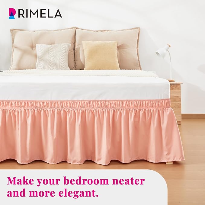 RIMELA Peachy Coral Bed Skirt King Size 15 Inch Drop, Wrap Around Elastic Bedskirt, Dust Ruffle for Adjustable Bed Base Machine Washable Easy to Install Bed Skirts