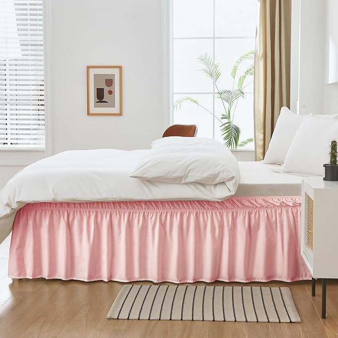 MEILA Wrap Around Bed Skirt Three Fabric Sides Elastic Dust Ruffled 14 Inch Tailored Drop,Easy to Install Fade Resistant-Pink, Queen/King