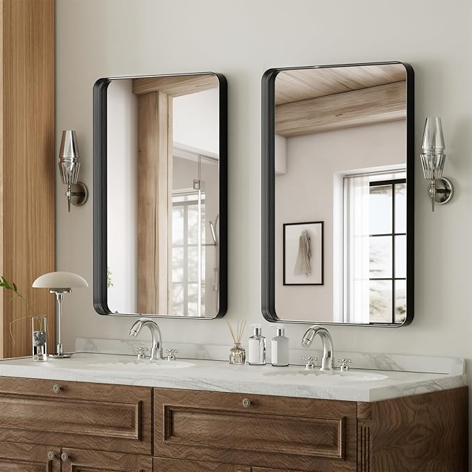 VooBang Bathroom Mirror 20x30 inch, Black Gorgeous Deep Frame Wall Mirror, Modern Round Corner Bathroom Vanity Mirror for Over Sink Hanging or Leaning Horizontal or Vertical, Black