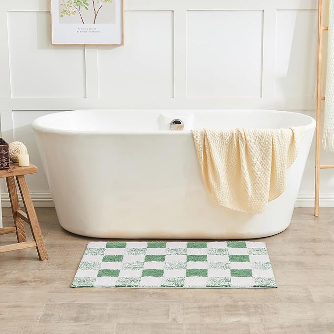 CozeCube Bath mats for Bathroom Non Slip, Fluffy Absorbent Microfiber Bath mat Washable, Aesthetic Bathroom Rugs, Long Sage Green Checkered Bath Runner, Sage Green, 59" x 24"