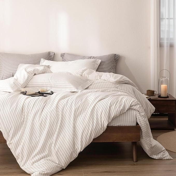 Stripe Duvet Cover Oversized King Size 120inch x 98inch,100% Washed Cotton Linen Feel Duvet Cover with Zipper Closure and 2 Pillowcases, Color of Off White-Linen Grey Stripe