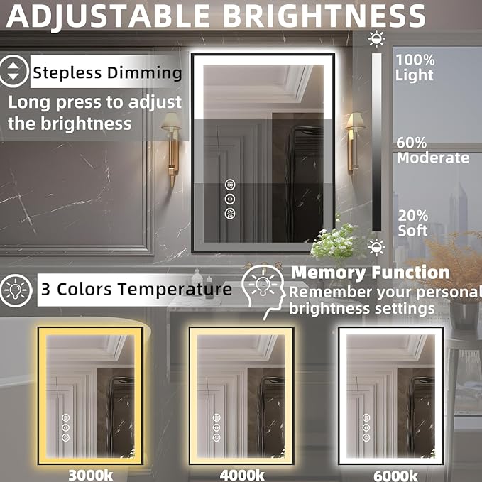 20x28 LED Bathroom Mirror for Wall, Black (Metal, Aluminum) Framed, Front Light and Backlit, 3 Colors and Dimmable Vanity Mirror, Anti-Fog, Shatter-Proof, Memory (Horizontal/Vertical)