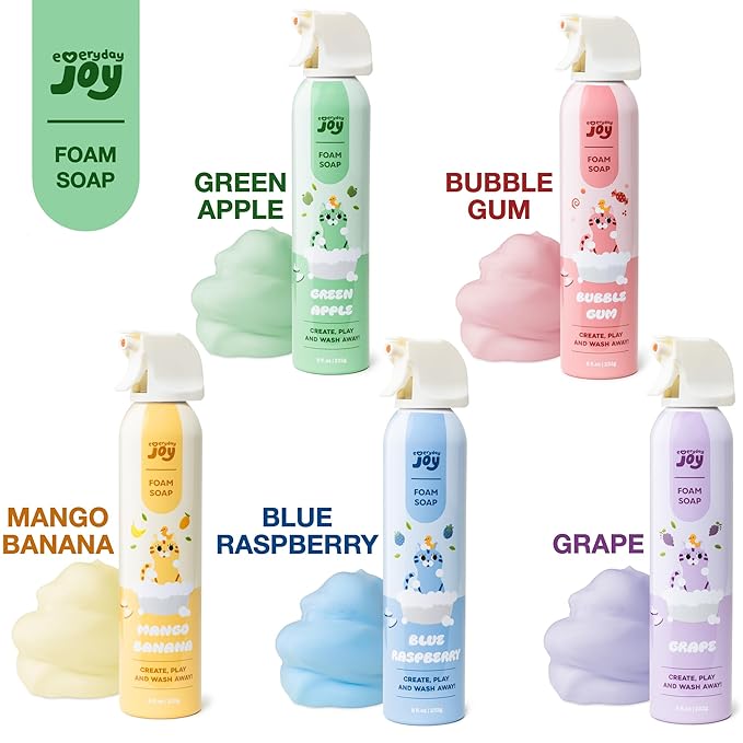 Fluffy Foam Soap for Kids Bath and Hand Washing - Hypoallergenic Fun Colorful Foamy Cleanser for Sensory Play, Bathtime Art, Washing - Moisturizing Formula with Aloe and Hyaluronic Acid - 5 Pack