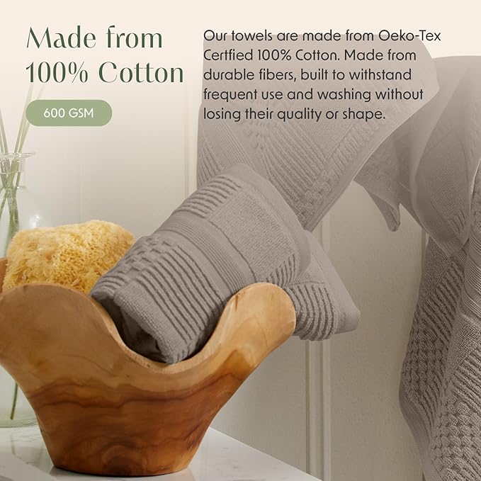 Springtree Home 100% Cotton Bathroom Towel Set | 6 Piece Set - Brown Bath Towels | Geometric Textured Design | Absorbent & Quick-Dry | Oeko-TEX® Standard 100 Cotton | Myla Collection - Cobblestone