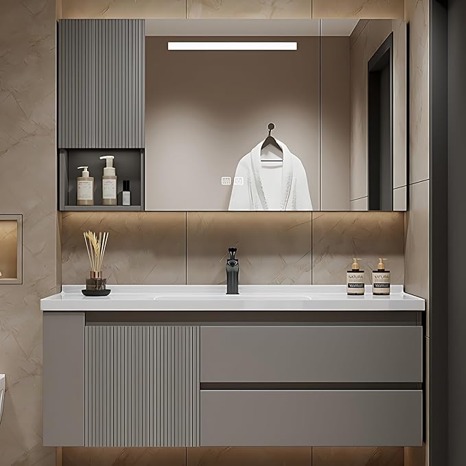 52IN Suspended Bathroom Cabinet Combo Set - Fully Functional LED Mirror with Smart Defogging & Time Display | Bathroom Vanity with Sink,Side Cabinet Storage Compartment (Style A)