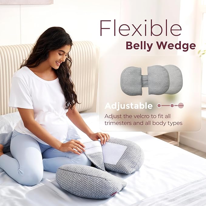 Momcozy Portable Pregnancy Pillow –Memory Foam W Shaped Maternity Great Support for Side Sleepers, Adjustable Travel Wedge Pillow for Back, Belly, and Hip Relief, Ideal for Pregnant Women, Grey