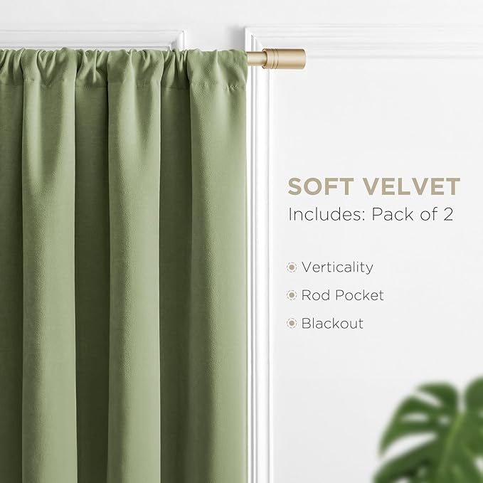 Joydeco Coconut Green Velvet Curtains 90 Inches 2 Panels, Luxury Thermal Insulated Soft Green Curtains for Bedroom & Living Room, Room Darkening Velvet Drapes, Rod Pocket (52W x 90L)