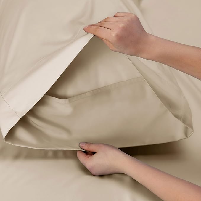 Bedsure California King Sheet Sets, Cooling Sheets for Hot Sleepers, Rayon Derived from Bamboo, Deep Pocket Up to 16 Inches, Breathable & Soft, Hotel Luxury Silky Bedding, Beige