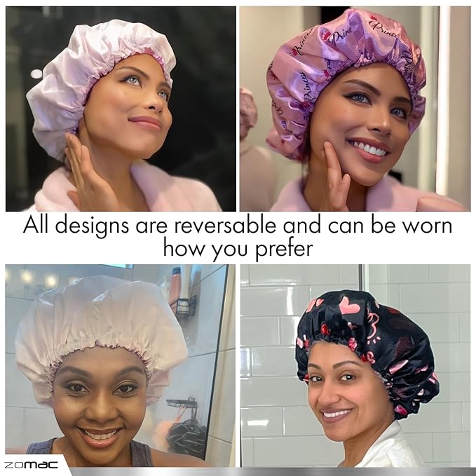 Satin Shower Cap for Women, Reusable and Waterproof Shower Cap for Long Hair, Luxury Print and Double Layer (Pink, Large)