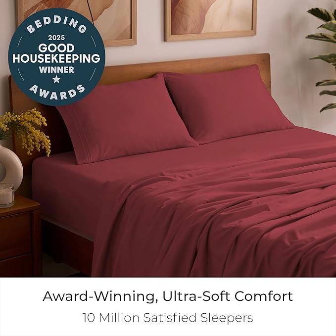 Mellanni Queen Sheets Set - 4 PC Iconic Collection Bedding - Hotel Luxury, Extra Soft, Cooling Bed Sheets - Wrinkle, Fade, Stain Resistant (Queen, Brick Red)