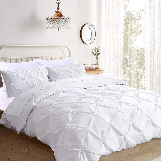 Pinch Pleated Duvet Cover Set 100% Brushed Microfiber 3PC Oversize Plus Size 128x120 Duvet Cover Set, Decorative Pinch Design White Duvet Cover with Matching Pillow Case