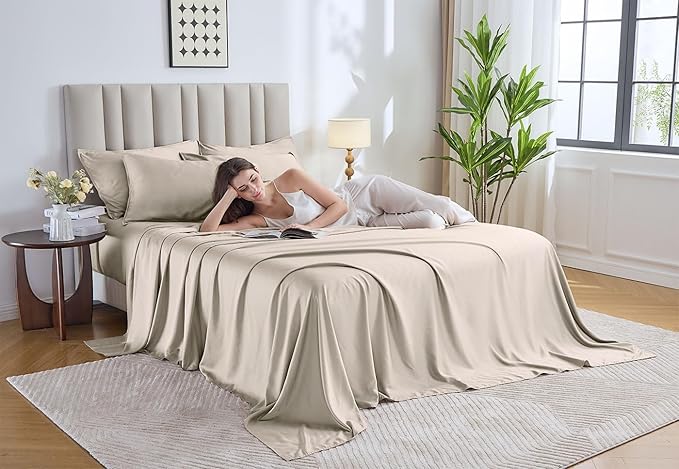 Pure Bamboo California King Sheets, Genuine 100% Organic Viscose Derived from Bamboo Bed Sheet Set, Soft & Cooling, Double Stitching, Lifetime Quality Promise (California King, Creme)