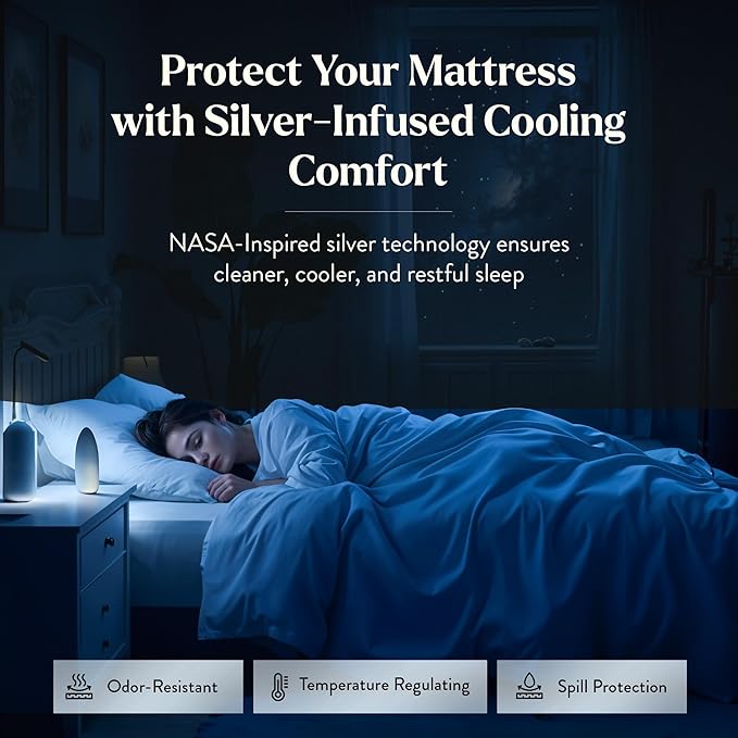 Miracle Made Mattress Protector – Silver-Infused Cotton Fabric – Water-Resistant, Thermoregulating Cover for Sensitive Skin – Compatible with 3-Temperature Zone Comforter, Queen, White