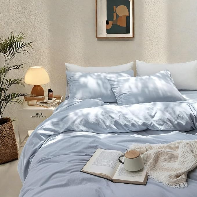 FOSSA Duvet Cover Set 100% Washed Cotton Linen Feel Super Soft Breathable Cozy 3 Pieces Bedding Sets Solid Cornflower Blue Full