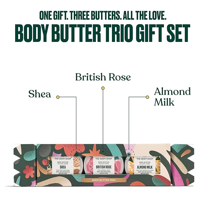 The Body Shop Body Butter Trio - 3 Piece Set, Shea, Almond Milk, British Rose Body Butter, Travel Sizes, Vegan